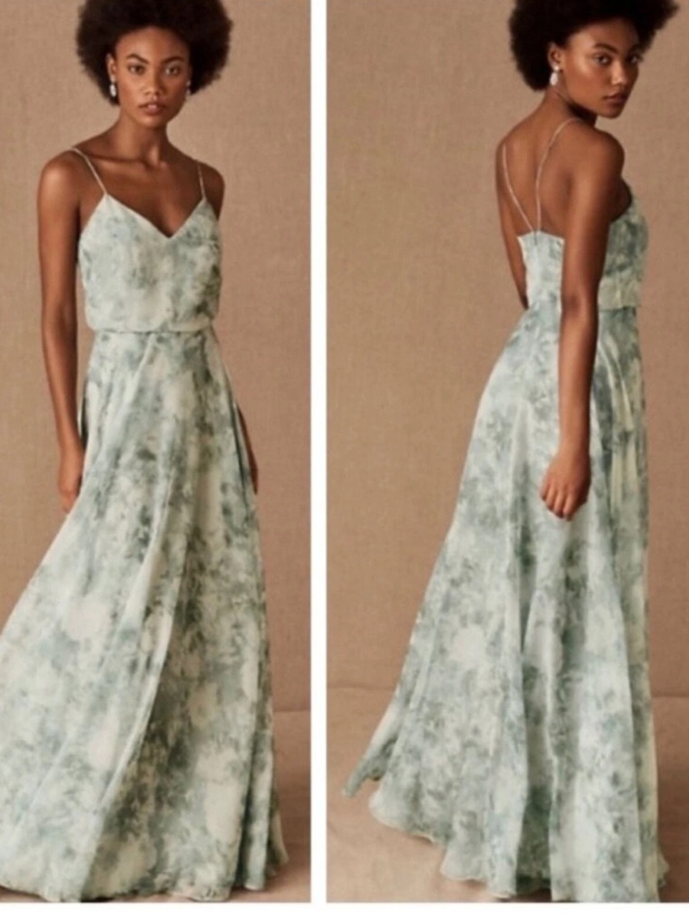 JENNY YOO Soft Sage Green Floral Chiffon Spaghetti Strap Maxi Dress - Picture 3 of 6
